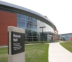 Hoover Hall's sign from the north-east