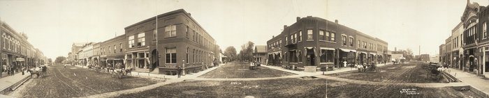 Panoramic image of downtown Ames circa 1907 by F. J. Bandholtz