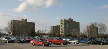 The towers viewed from the parking lot (from left to right): Wilson, Storms, Wallace, and Knapp